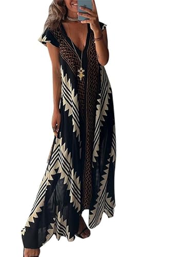 Damen 2024 Vintage Azteken Druck Kaftan ärmellos lang Strand Bikini Abdeckung Maxi Alltagskleid Tunika Kaftan von Generic