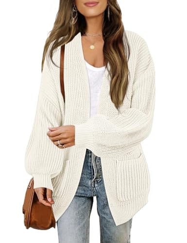 Damen 2025 Oversized Cardigan mit offener Vorderseite – Grobstrick-Langmantel mit Laternenärmeln und Taschen(Beige,Large) von Generic