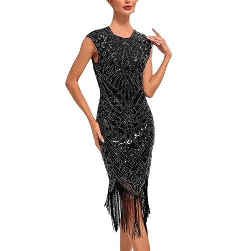 Damen 20er Jahre Kleid Vintage Flapper Charleston Kleid mit V-Ausschnitt 1920s Knielang Pailletten Fransen Kleid Gatsby Motto Abendkleid Partykleid 20er Jahre Kostüm Abschlussballkleid von Generic