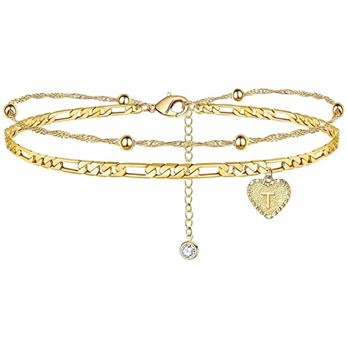 Damen 26 Initialen Fußkettchen Legierung Zweilagige Fußkettchen mit Herzanhängern Minimalistische Mädchen Fußkettchen 21 + 5 cm Verstellbares Knöchelarmband Sommer Schmuck Accessoire von Generic