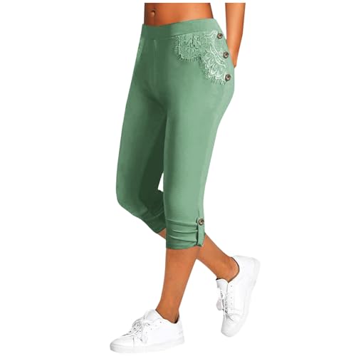 Damen 3/4 Sommer Casual Cargohose Spitze Caprihose Modische Elastisch Hohe Taille Hose Comfy Stretch Leichte Jogginghose Reise Wanderhose Outdoor Sport Stoffhose Slim Chiffon Trainingshose von Generic