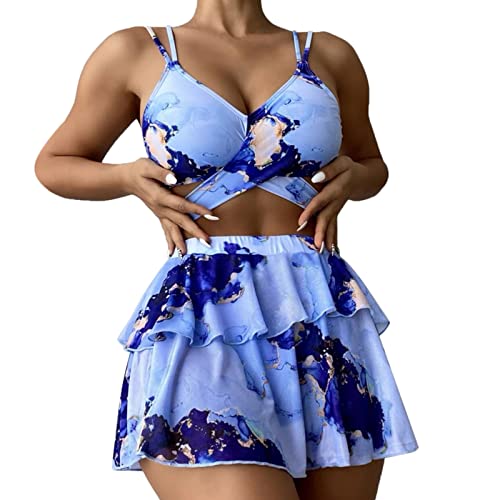 Damen 3-teiliges Badeanzug Neckholder Bikini Set mit durchsichtigem Netzstoff Cover Up Rock Bikini Sets mit hoher Taille Scoop Neck 3 Stück Badeanzüge mit kurzem Sarong(Blau-1，S) von Generic