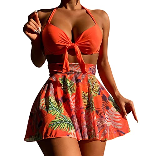 Damen 3-teiliges Badeanzug Neckholder Bikini Set mit durchsichtigem Netzstoff Cover Up Rock Bikini Sets mit hoher Taille Scoop Neck 3 Stück Badeanzüge mit kurzem Sarong(Orange-2，M) von Generic