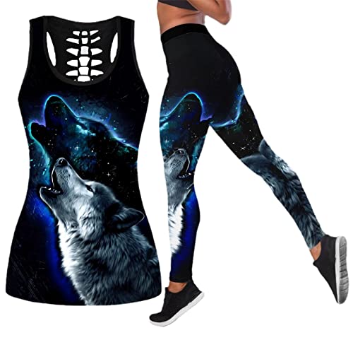 Damen 3D Wolf Druck Zweiteiliges Yoga Set Sport Fitness Schnell Trockene Weste Hollow Tank Top Leggings, Tank und Legging, Large von Generic