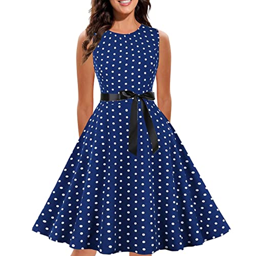 Damen 50S Retro Cocktailkleid Rockabilly Retro Schwingen Kleid Faltenrock A-Line Petticoat (Dunkelblau, M) von Generic