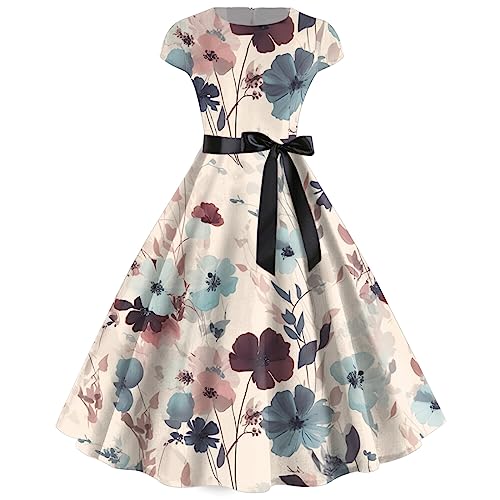 Damen 50S Retro Cocktailkleid Rockabilly mit Schöne Blumenmuster Mode Sommerkleid Schwingen Kleid Faltenrock A-Line Petticoat Vintage Cap Sleeves Dot Sommer Swing Kurzarm Petticoat Jahre Kleider von Generic