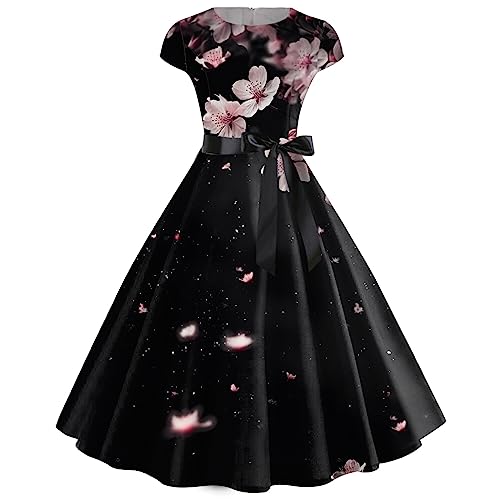 Damen 50S Retro Cocktailkleid Rockabilly mit Schöne Blumenmuster Mode Sommerkleid Schwingen Kleid Faltenrock A-Line Petticoat Vintage Cap Sleeves Dot Sommer Swing Kurzarm Petticoat Jahre Kleider von Generic