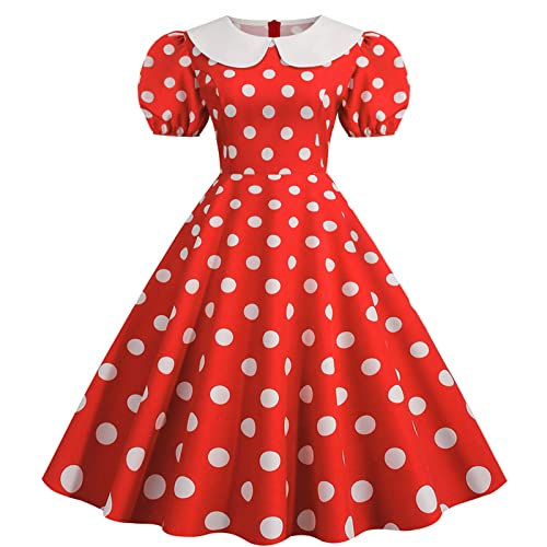 Damen 50er Gepunktet Rockabilly Kleider Cocktailkleider Vintage Retro Kleid Faltenrock Knielang Partykleid Polka Dots Swing Kleid A Linie Knielang Hochzeit Festlich Abendkleid Ballkleid (Red, L) von Generic