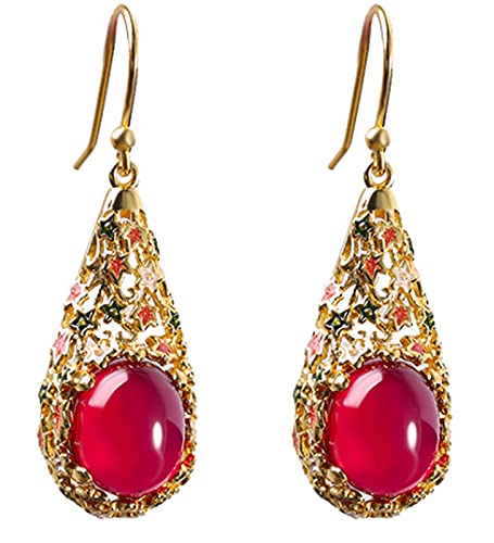 Damen 925 Silber vergoldet Schmuck Emaille gebrannte blau rot Korund lange Ohrringe von Generic