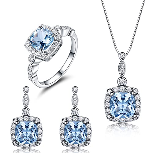 Damen 925 Sterling Silber Blautopas Modeschmuck Set Halskette Ohrringe Ring Dreiteiliges Set von Generic