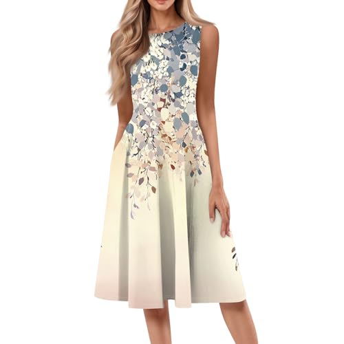 Damen A Linie Kleid Rundhals Blumenkleid Elegant Sommerkleider Ärmellos Freizeitkleid Leicht Knielang Swing Tank Kleider mit Taschen,Beige,XL von Generic