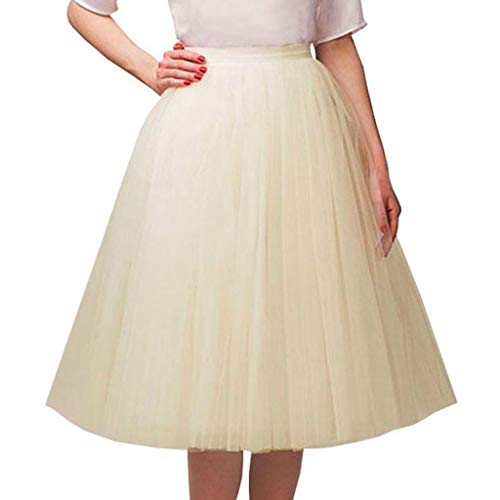 Damen A-Linie Knielang Abschlussball Party Tüll Tutu Rock, 25,5'' Tüll Feenrock Elastisches Mesh mehrlagiges Tuturock Hochzeit, Elastische Taille Midirock, Plissee Petticoat (A03-Beige, One Size) von Generic