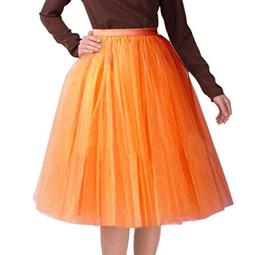 Damen A-Linie Knielang Abschlussball Party Tüll Tutu Rock, 25,5'' Tüll Feenrock Elastisches Mesh mehrlagiges Tuturock Hochzeit, Elastische Taille Midirock, Plissee Petticoat (A07-Orange, One Size) von Generic