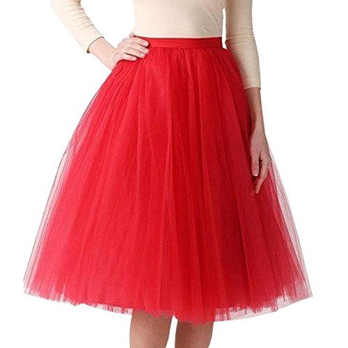 Damen A-Linie Knielang Abschlussball Party Tüll Tutu Rock, 25,5'' Tüll Feenrock Elastisches Mesh mehrlagiges Tuturock Hochzeit, Elastische Taille Midirock, Plissee Petticoat (A13-Red, One Size) von Generic