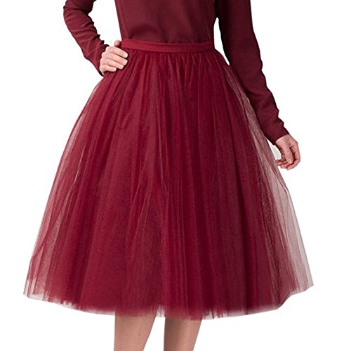 Damen A-Linie Knielang Abschlussball Party Tüll Tutu Rock, 25,5'' Tüll Feenrock Elastisches Mesh mehrlagiges Tuturock Hochzeit, Elastische Taille Midirock, Plissee Petticoat (A14-Wine Red, One Size) von Generic