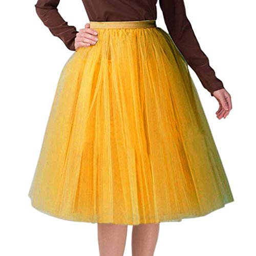 Damen A-Linie Knielang Abschlussball Party Tüll Tutu Rock, 25,5'' Tüll Feenrock Elastisches Mesh mehrlagiges Tuturock Hochzeit, Elastische Taille Midirock, Plissee Petticoat (A15-Yellow, One Size) von Generic