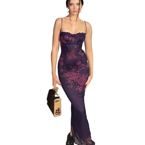 Damen Ärmellos Blumen Sommerkleid Kleid Verstellbaren Trägerkleid Strandkleid Figurbetontes Kleid Mit Schlitz (Lila,S) von Generic