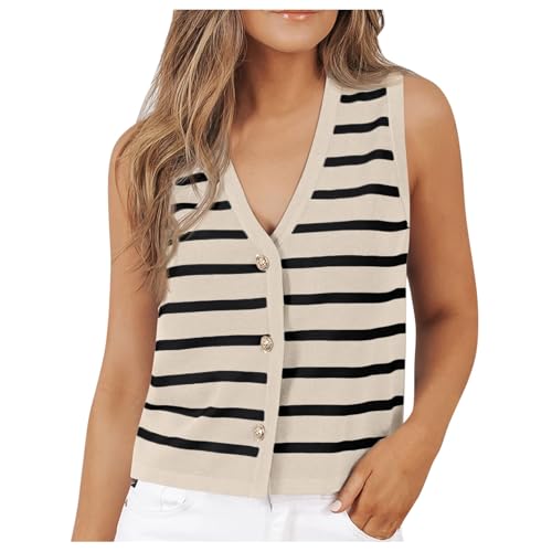 Damen Ärmellos Pullover Weste Stricken V Hals mit Button-Down Mode Lässig Lose Strickjacke Frauen Sommer Strickweste Pullover von Generic
