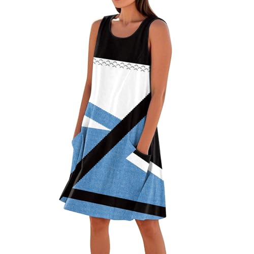 Damen Ärmellos Rundhals Kleid Gestreiftes Muster Sommerkleider Leicht und Luftig MidiKleid Lose Tank Freizeitkleid mit Taschen,Blau,L von Generic