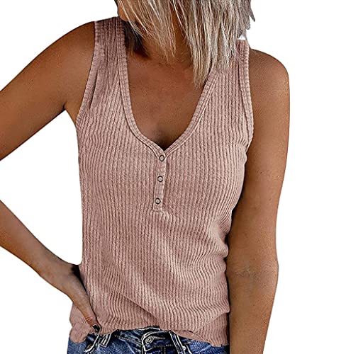 Damen Ärmellos V-Ausschnitt Tank Top Sommer Casual Gerippt Knopfleiste Top, rose, Large von Generic