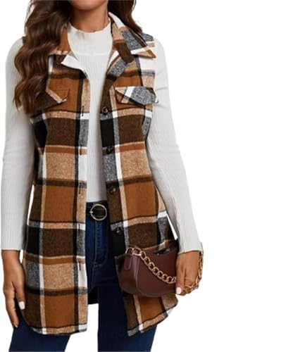 Damen Ärmellose Karierte Jacke Lang fleece damenweste mit Button Down Revers Lässige Karomuster steppweste damen lang Geeignet zum Einkaufen und Dating (Farbe 2,XXL) von Generic