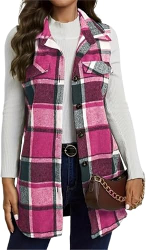 Damen Ärmellose Karierte Jacke Lang fleece damenweste mit Button Down Revers Lässige Karomuster steppweste damen lang Geeignet zum Einkaufen und Dating (Farbe 5,XL) von Generic
