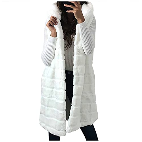 Damen Ärmellose Weste lang Kunstpelz Weste mit Kapuze Elegant Fellweste Ärmellose Pelzmantel Herbst Winter Warme Kunstfell Cardigan Lose Winterjacke Pelzweste Jacke von Generic