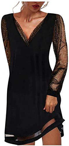 Damen Abendkleid Damen Kleines Schwarzes Einfacher Stil Kleid Abend Weihnachtsfeier Chiffon Schiere Spitze Langarm V Ausschnitt Klassisch Lässig Etuikleider ( Color : 02-BLACK , Einheitsgröße : XXL ) von Generic