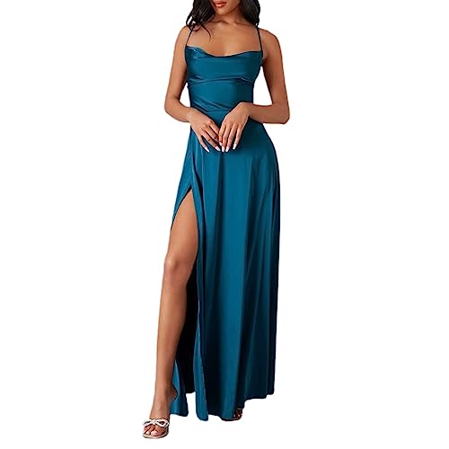 Damen Abendkleid Lang mit Schlitz Satin Ballkleid Elegant Neckholder Kleider mit Taschen A-Linien Rückenfreies Spaghetti Sexy Abendkleider Lange Hochzeitskleid Brautjungfernkleider Party Kleid von Generic