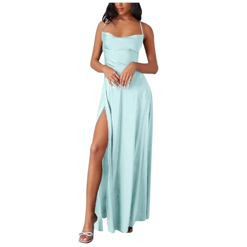 Damen Abendkleid Lang mit Schlitz Satin Ballkleid Elegant Neckholder Kleider mit Taschen A-Linien Rückenfreies Spaghetti Sexy Abendkleider Lange Hochzeitskleid Brautjungfernkleider Party Kleid von Generic