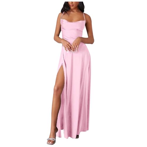 Damen Abendkleid Lang mit Schlitz Satin Ballkleid Elegant Neckholder Kleider mit Taschen A-Linien Rückenfreies Spaghetti Sexy Abendkleider Lange Hochzeitskleid Brautjungfernkleider Party Kleid von Generic