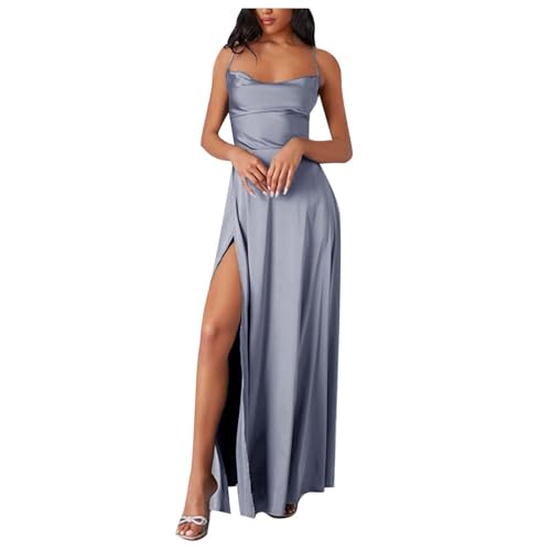 Damen Abendkleid Lang mit Schlitz Satin Ballkleid Elegant Neckholder Kleider mit Taschen A-Linien Rückenfreies Spaghetti Sexy Abendkleider Lange Hochzeitskleid Brautjungfernkleider Party Kleid von Generic