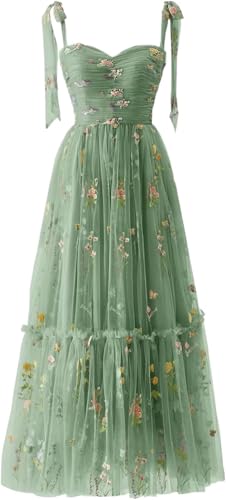 Damen Abendkleid aus Tüll mit Blumenstickerei, Salbeigrün, 46 Damen Abendkleid aus Tüll mit Blumenstickerei, Salbeigrün, 46 von Generic