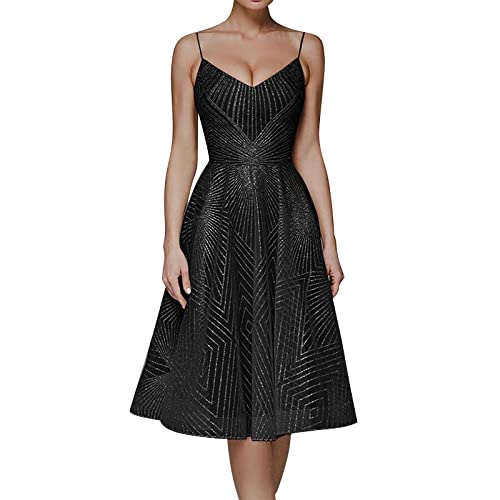 Damen Abendkleider Elegant - Sexy Partykleider Spaghettiträger Cocktailkleid A-Line Swing Kleider Midi Kleid Drucken Trägerkleid V-Ausschnitt Sommerkleid Ballkleid Brautjunfernkleid Für Hochzeit von Generic