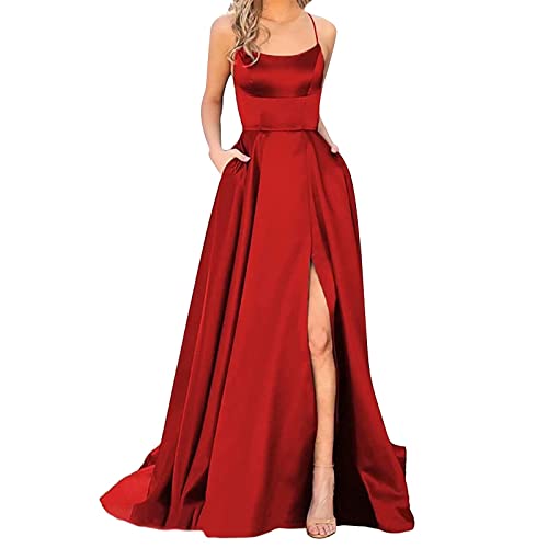 Damen Abendkleider Elegant für Hochzeit Abiballkleider Lange Ballkleider Neckholder Spaghetti-Trägerkleid Brautkleid Kleider Lang Satin Kleid Prinzessin Brautjungfer Kleid(A3 Rot,XL) von Generic