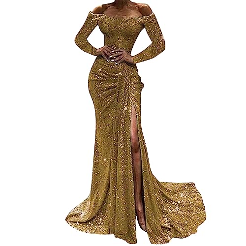 Damen Abendkleider Schwarz Tüll Glitzer Patchwork Paillettenkleid V-Ausschnitt Durchsichtig Langarm Hohe Taille Seitenschlitz Rüschen Ballkleid Bodenlang Eleganter Maxikleider Partykleid von Generic