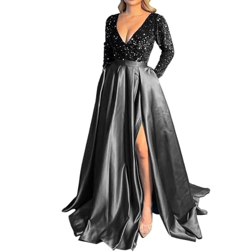 Damen Abendkleider Schwarz Tüll Glitzer Patchwork Paillettenkleid V-Ausschnitt Durchsichtig Langarm Hohe Taille Seitenschlitz Rüschen Ballkleid Bodenlang Eleganter Maxikleider Partykleid von Generic