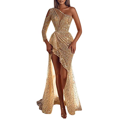 Damen Abendkleider Schwarz Tüll Glitzer Patchwork Paillettenkleid V-Ausschnitt Durchsichtig Langarm Hohe Taille Seitenschlitz Rüschen Ballkleid Bodenlang Eleganter Maxikleider Partykleid von Generic