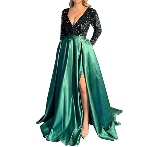 Damen Abendkleider Schwarz Tüll Glitzer Patchwork Paillettenkleid V-Ausschnitt Durchsichtig Langarm Hohe Taille Seitenschlitz Rüschen Ballkleid Bodenlang Eleganter Maxikleider Partykleid von Generic