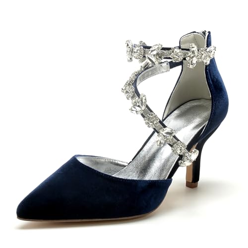 Damen Abschlussball Stiletto Schuhe Bridal Hochzeit Pumps 8Cm Pointed Toe Party Dress Heeled,Dark Blue,39 EU von Generic