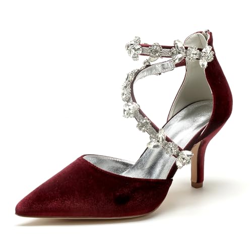 Damen Abschlussball Stiletto Schuhe Bridal Hochzeit Pumps 8Cm Pointed Toe Party Dress Heeled,Wine red,40 EU von Generic