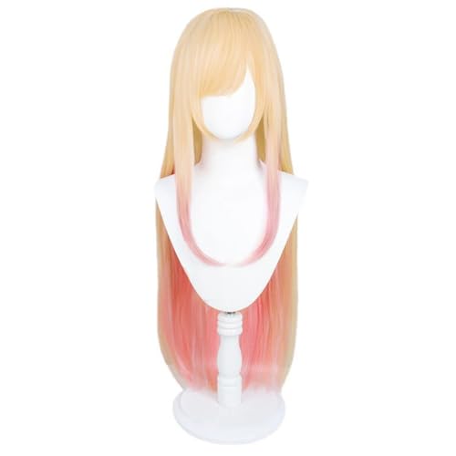 Damen Anime Cosplay Perücke Für Kitagawa Marin Lang Blond Rosa Hitzebeständig Gerade Haare Halloween Party Mit Mütze von Generic
