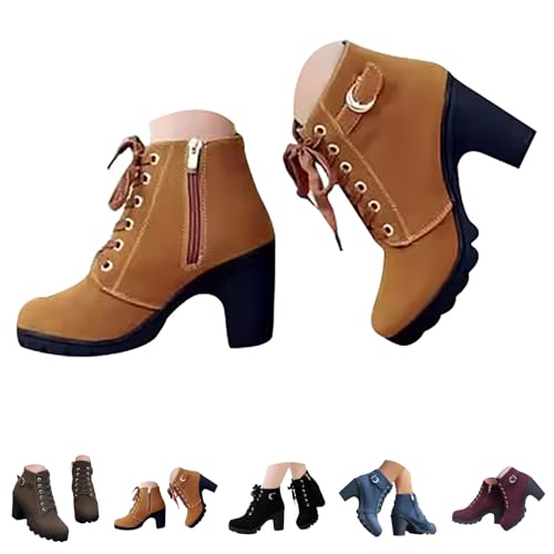 Damen Ankle Boots Mit Absatz - Plateau Stiefeletten Mit Schnalle Schnürstiefeletten Blockabsatz Schlupfstiefel Kurzschaft Springerstiefel rutschfest Winterboots Biker Boots High Heels Stiefel von Generic