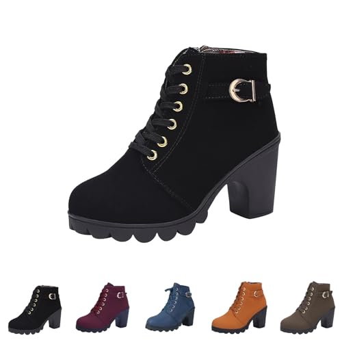Damen Ankle Boots Mit Absatz - Plateau Stiefeletten Mit Schnalle Schnürstiefeletten Blockabsatz Schlupfstiefel Kurzschaft Springerstiefel rutschfest Winterboots Biker Boots High Heels Stiefel von Generic
