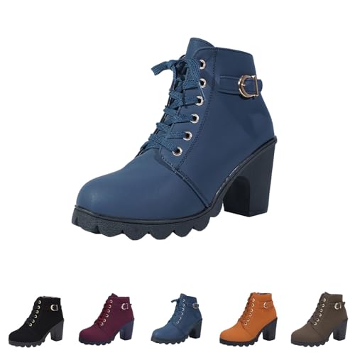 Damen Ankle Boots Mit Absatz - Plateau Stiefeletten Mit Schnalle Schnürstiefeletten Blockabsatz Schlupfstiefel Kurzschaft Springerstiefel rutschfest Winterboots Biker Boots High Heels Stiefel von Generic