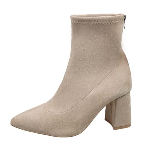 Damen Ankle Boots – Modische Winterstiefel mit spitzer Zehenpartie dickem Absatz für Alltag Freizeit (Beige, 42) von Generic