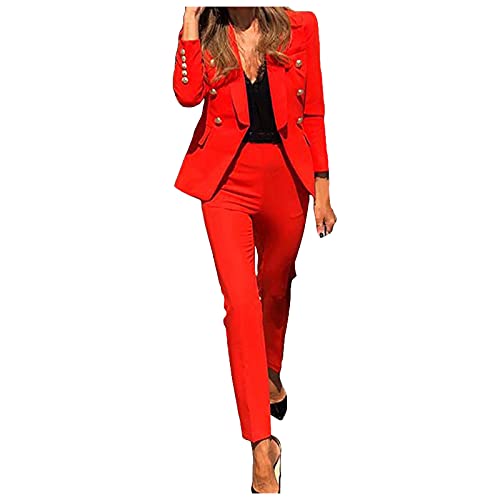 Damen Anzug Elegant 2 Teilig,Hosenanzüge für Damen,Elegant Business Anzug Set Hosenanzug Blazer Hose 2-teilig Anzug Karo Kariert Zweiteiler Slimfit Streetwear (Rot, M) von Generic