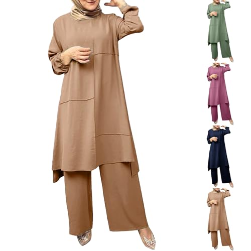 Damen Anzug Elegant 2 Teilig Große Größen - Sport Outfit Damen Set Curvy Sommeranzug Leicht Elegant XXL Leinenanzug Sommer Hosenanzug Set Weite Hose + Langarmshirt Jogginganzug Tracksuit von Generic