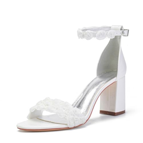 Damen Applikationen PU Leder Brautschuhe Offene Spitze Abend Party Abschlussball Sandalen Block Hoher Absatz Brautkleid Schuhe Knöchelriemen Sandalen,Elfenbein,42 EU von FQMAYPO