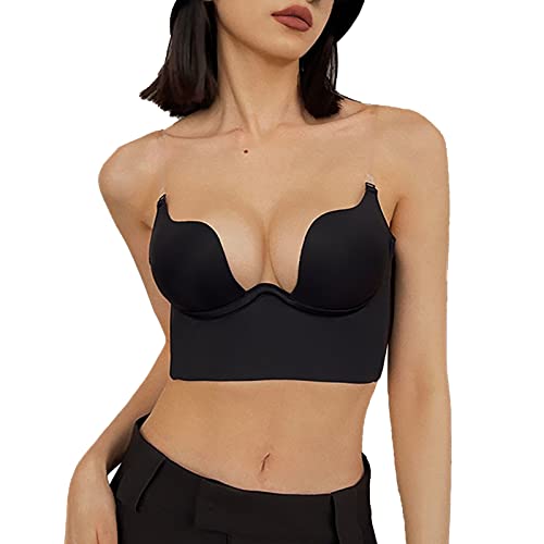 Damen BH Deep U Bra Multiway Push-Up Unterwäsche Mit Abnehmbar Träger Schöner U-förmiger Rückenfreier BH, Eleganter Push-up-Bügel-BH (XXA-Black, M) von Generic